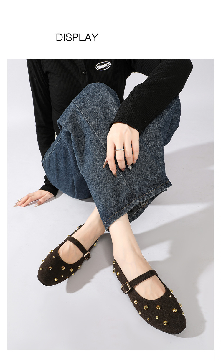 Rivet Decorated Round Toe Ballet Flats Fashionable And Versatile Single Shoes One Strap Ballet Mary Jane Shoes_voghion.com