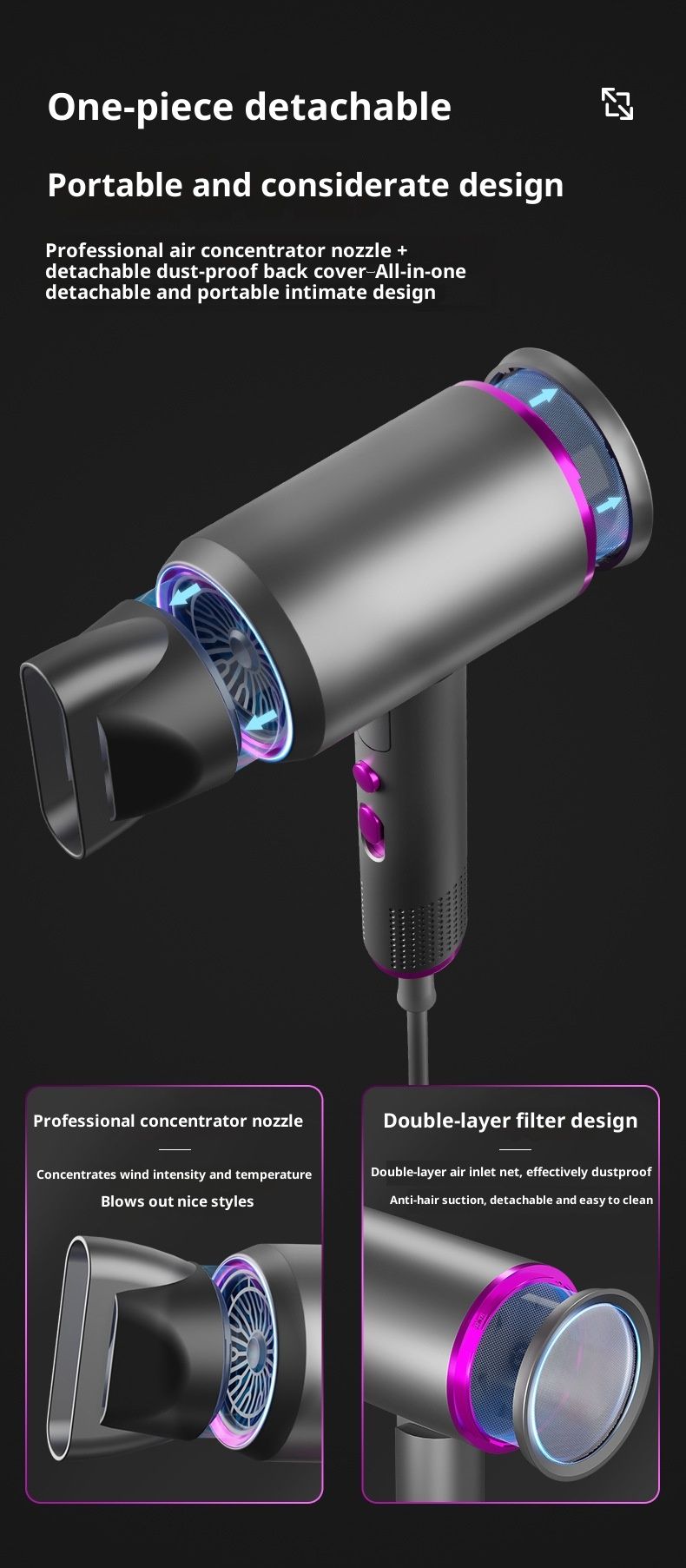 2400W Professional Ionic Hair Dryer With Blue Light Therapy – Foldable Salon-Grade Blow Dryer With 6-Speed & Dual Nozzles (Worldwide Voltage)_voghion.com