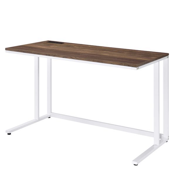 Walnut And White Writing Desk With USB Port_voghion.com