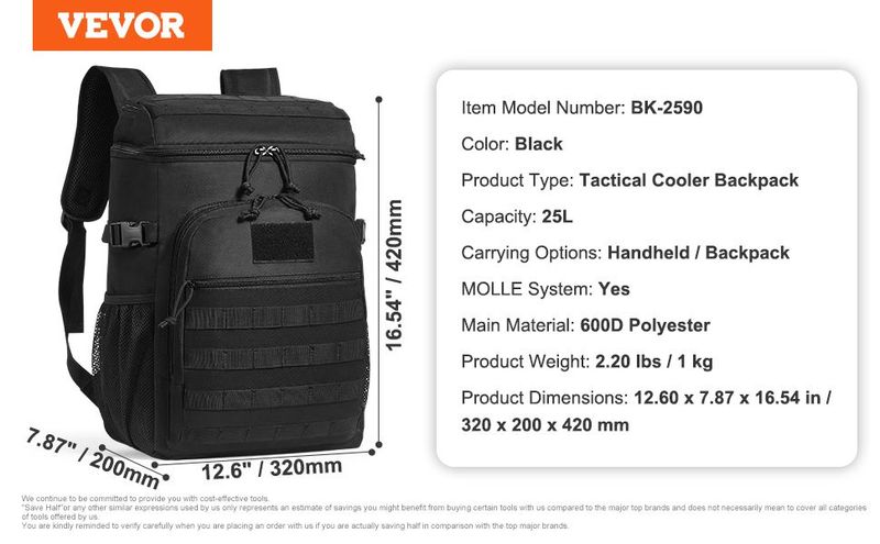 Cooler Bag, 25L Insulated Lunch Bag With Molle Design And Multi-Pocket, 600D Cooler Lunch Box With Removable Storage Bags, Soft Cooler For Office, Picnic, Hiking, Beach Or Beverage, Black_voghion.com