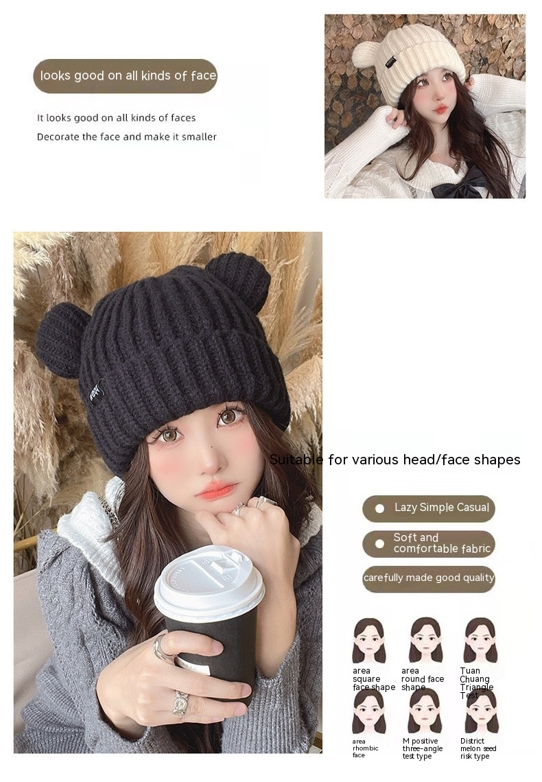 Nouveau visage montrant des oreilles d'ours tricoté chapeau de laine automne et hiver édition coréenne chaud tricoté chapeau japonais polyvalent mignon chapeau froid fille_voghion.com