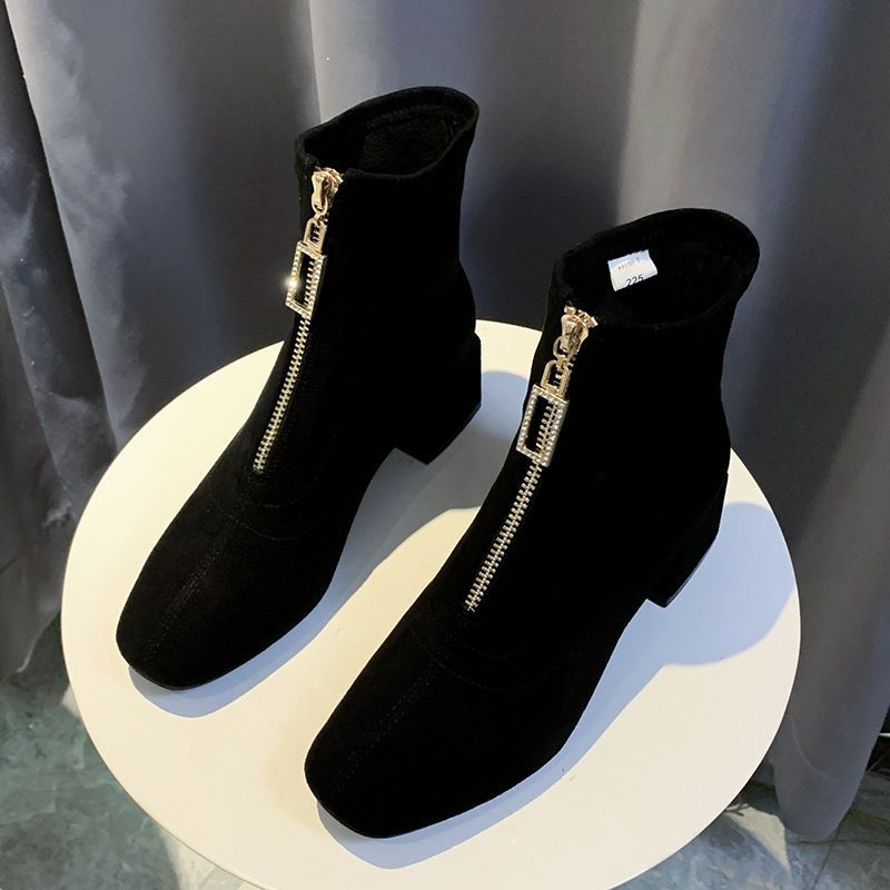 Martin Women's English Style Versatile New Suede Thick Heel Slim Front Zipper Short Boots 2023 Autumn/Winter_voghion.com
