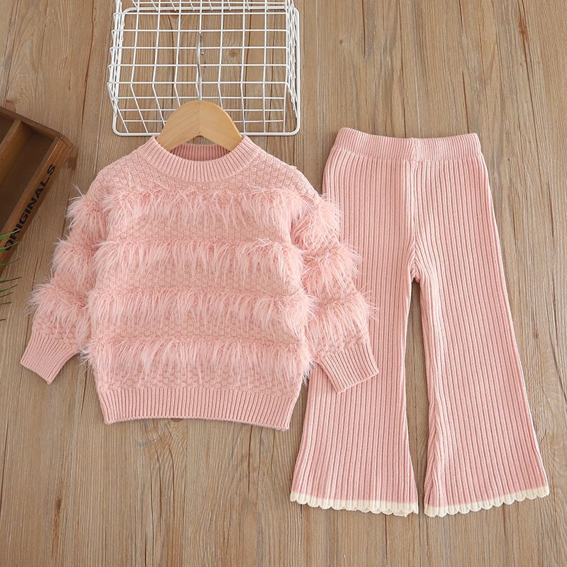 Mädchen-Set aus Strickpullover und Schlaghose – weiche Polyestermischung, koreanischer Stil, 3–8 Jahre (100–140 cm), Beige/Rot/Pink/Grün_voghion.com