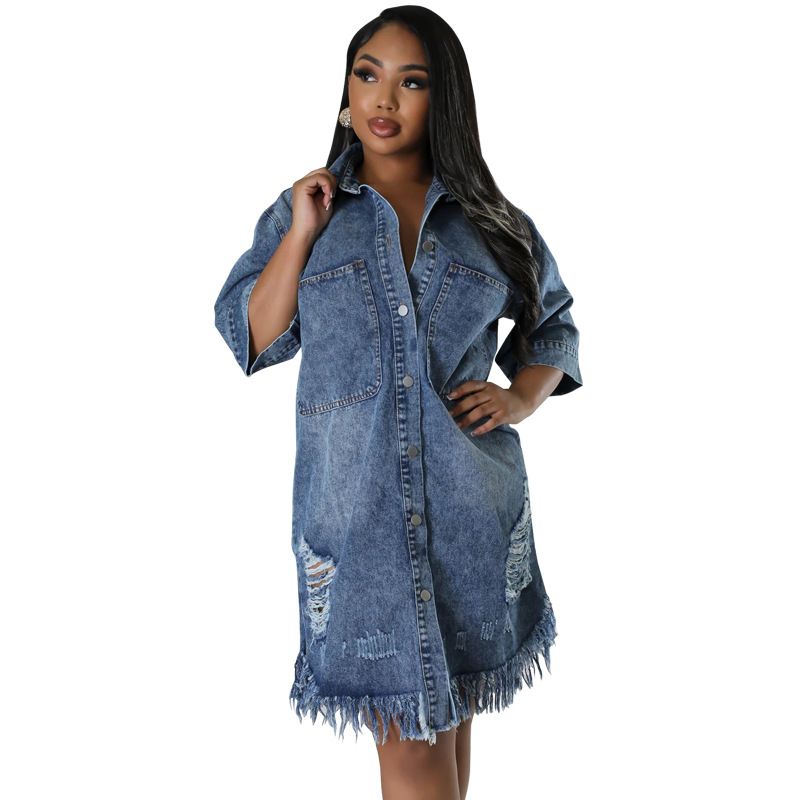 Plus-size Women's New Denim Ripped Fringed Short-sleeved Collar Dress_voghion.com