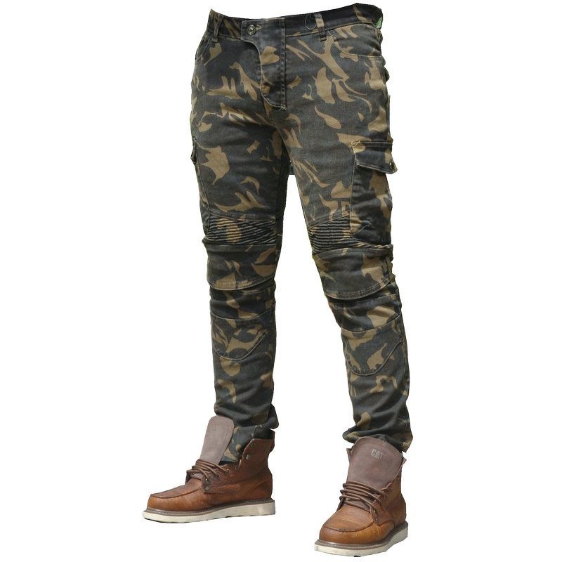 Jeans da motociclista classici mimetici da uomo – Pantaloni in denim elasticizzato per tutte le stagioni con protezione per le ginocchia e misto cotone traspirante (ATM-8, mimetico)_voghion.com