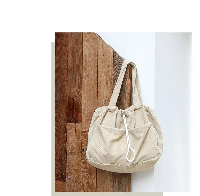 Borse casual semplici Borsa a tracolla in velluto a coste per studenti adolescenti Borsa da donna grande con coulisse Borsa per la spesa da donna_voghion.com