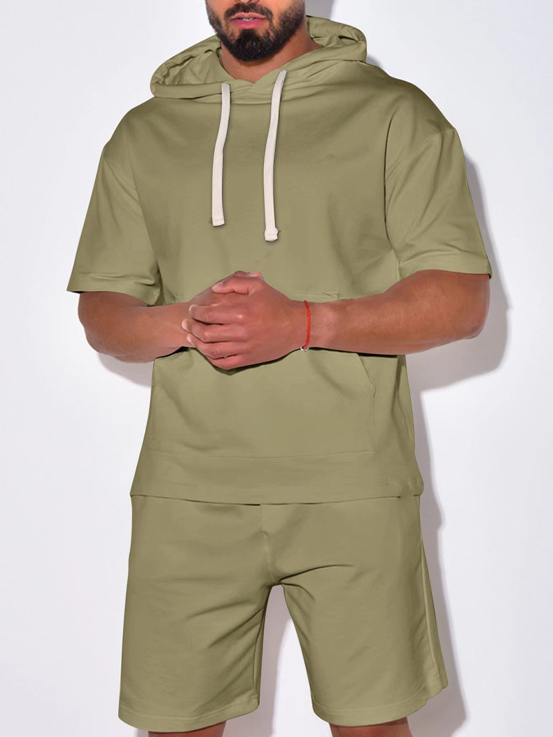 Nowy, letni, swobodny, wygodny, męski zestaw z krótkim rękawem do fitnessu i sportu z kapturem_voghion.com