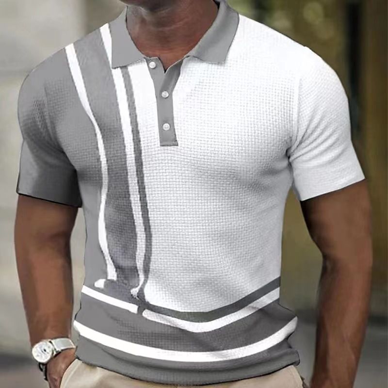 Men's Clothing summer new foreign trade European and American men's polo shirt short sleeved color matching striped button waffle T shirt_voghion.com