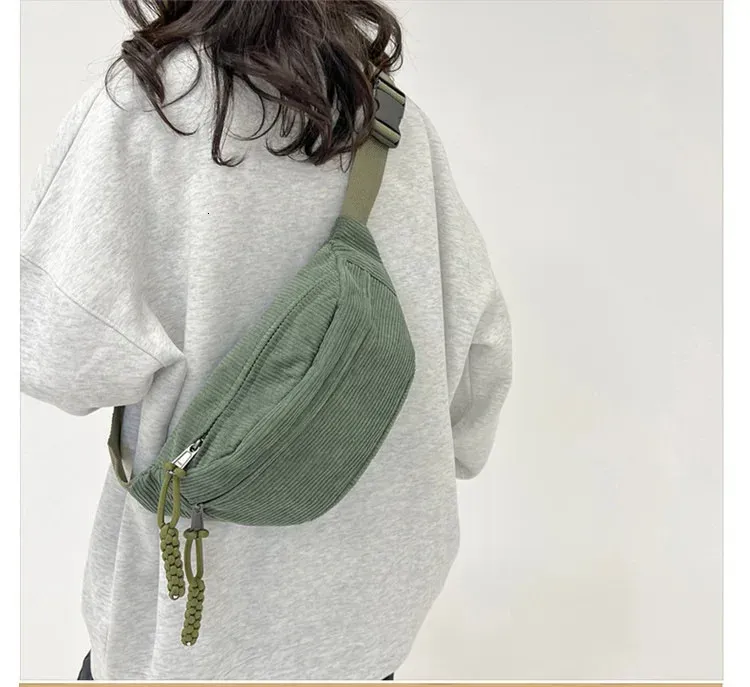 Marsupio da donna, grande capacità, in velluto a coste, stile street, borsa a tracolla, alla moda, cintura casual 250806_voghion.com