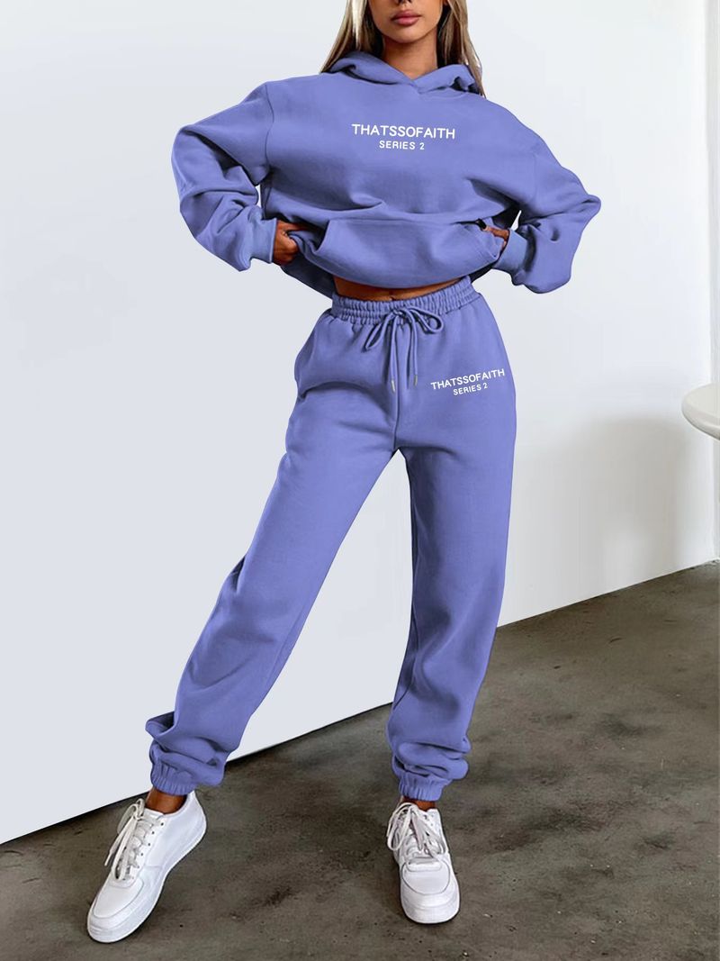 Felpa con cappuccio e stampa di lettere da donna, alla moda, casual, in pile, pantaloni, tuta_voghion.com