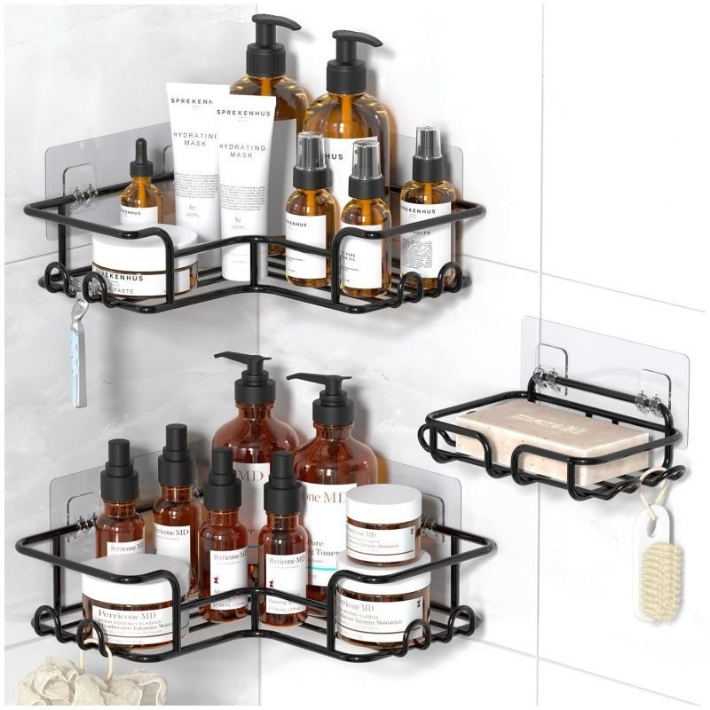 No Drill Corner Shelf - Rustproof Iron Triangle Organizer, Waterproof Black For Shower & Bathroom Storage_voghion.com