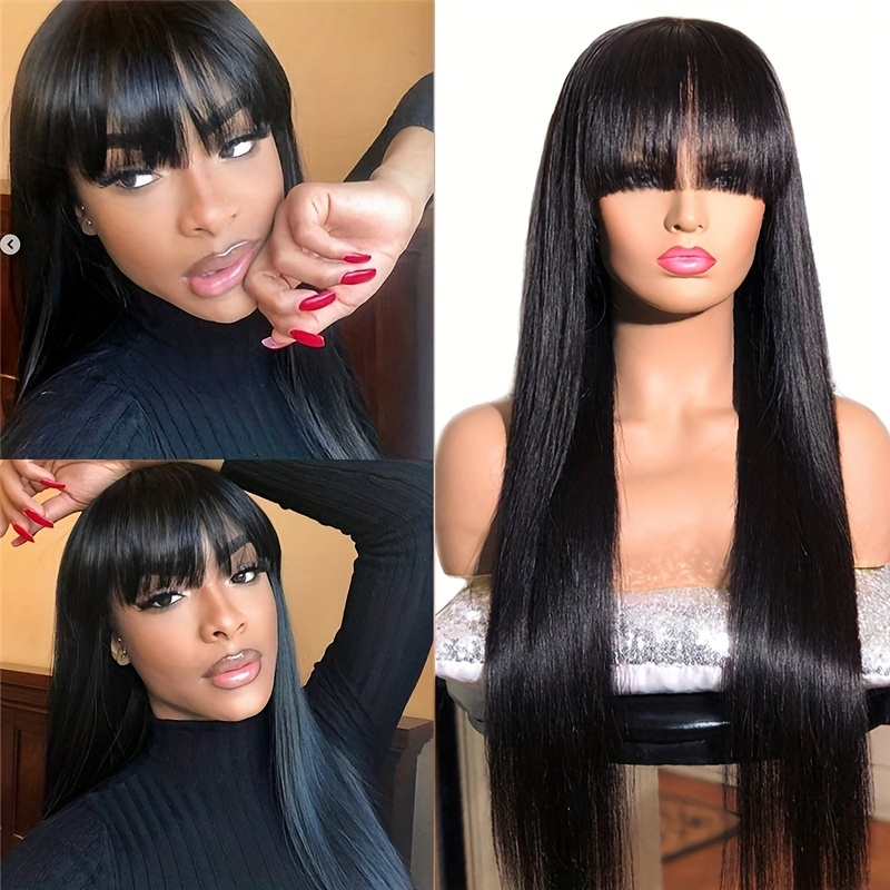 Pruik van echt haar met hoge dichtheid en natuurlijke kleur en pony - Perfect voor hoofdbedekking en stijlverbetering_voghion.com