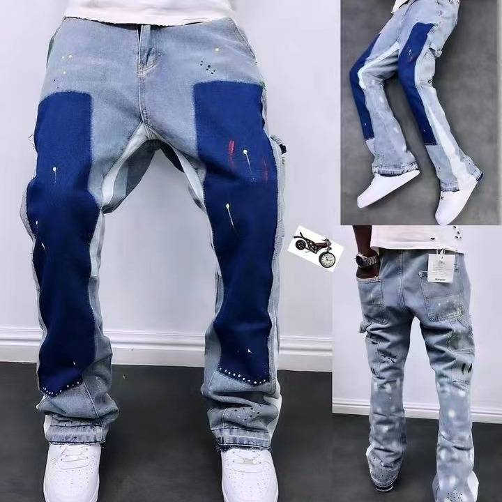 Herrkläder High Street Style Tungtvätt Gammalt bläck Stänk Färg Dekonstruktion Bell Bottom Byxor Subtrend Personlighet Nisch staplade jeans_voghion.com