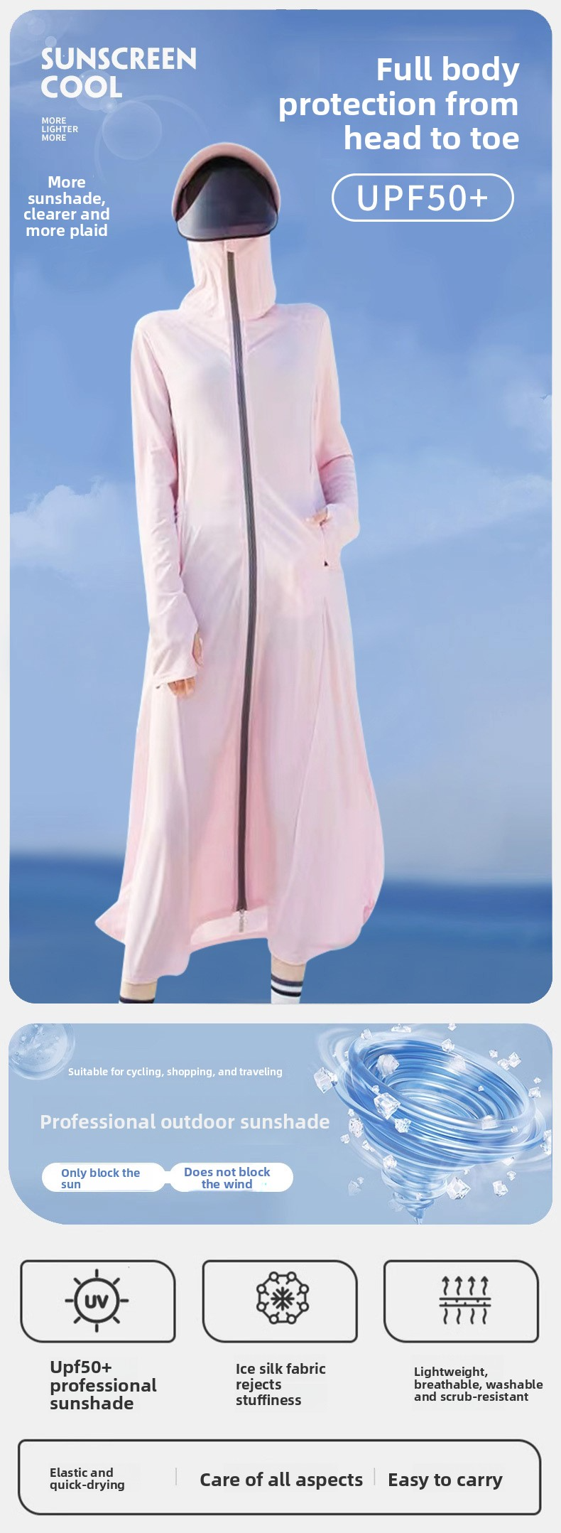 Women's UPF50+ Sun Protection Jacket - Bamboo Viscose Full-Length Hooded Cover Up With Wide Brim Visor & Breathable Mesh_voghion.com