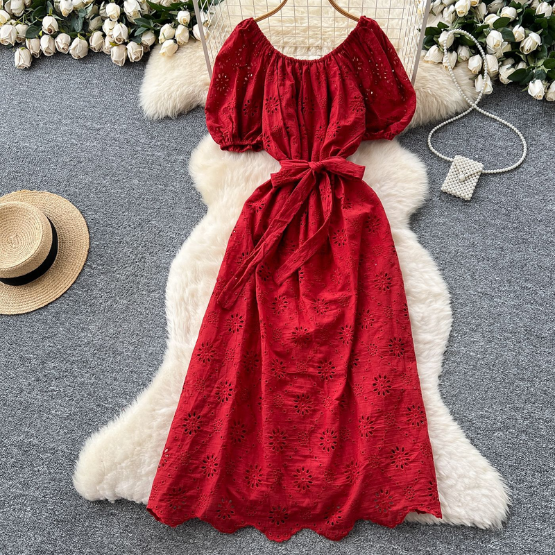 Abito monospalla con maniche a sbuffo da donna, estivo, con gancio cavo, cinturino a fiori, gonna lunga_voghion.com