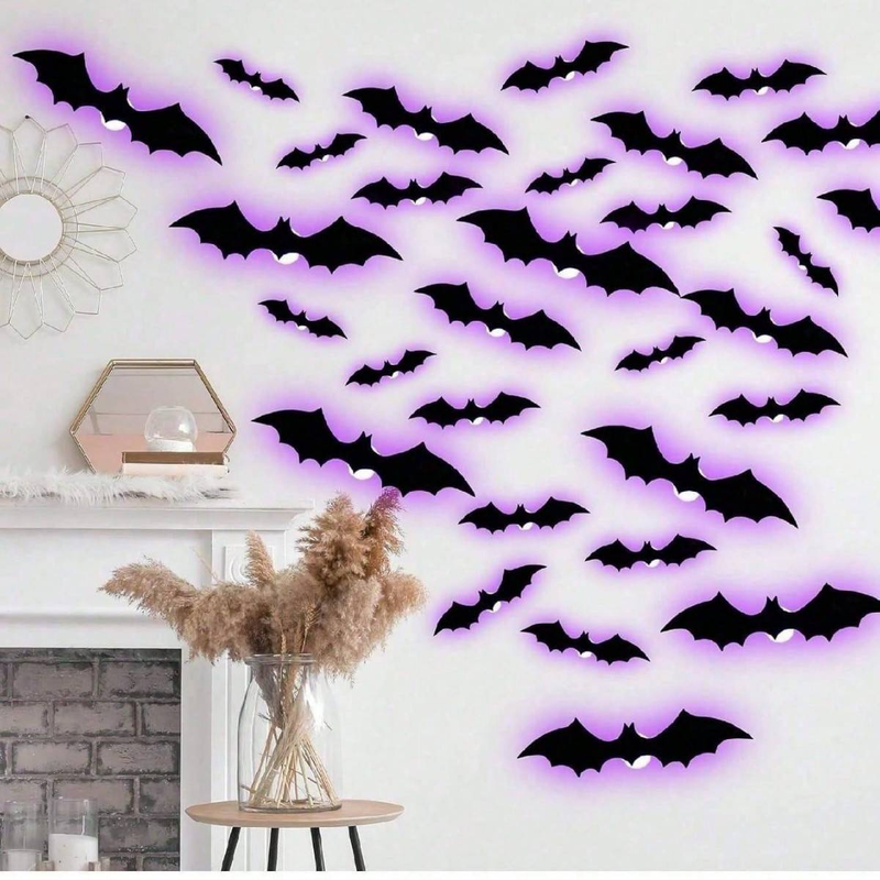Halloween Atmosphere Party Window Decoration, Wall Beautification And Decoration, Three-dimensional LED Purple Lights, Bats, Green Lights, Spiders_voghion.com