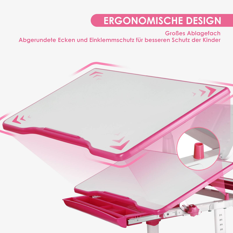 Verstellbares Schreibtisch- und Stuhlset für Kinder – Ergonomischer Schreibtisch mit neigbarer Tischplatte, Aufbewahrungsschublade und höhenverstellbarem Stuhl für Kinder (Rosa und Blau)_voghion.com