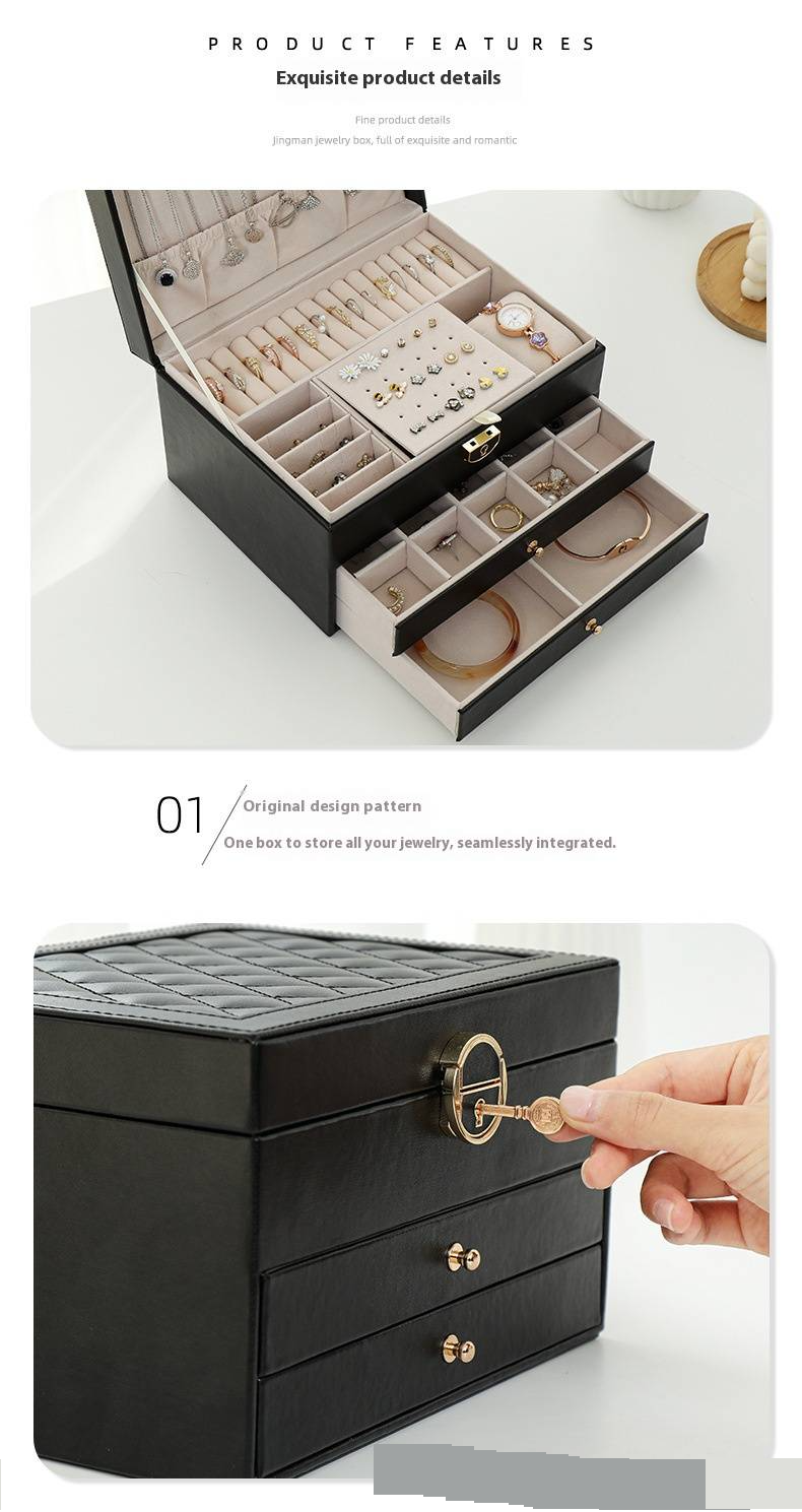 Multifunctional Jewelry Box Large Three Layer Lockable Leather Jewelry Storage Box Earring Jewelry Box Earring Storage Box_voghion.com