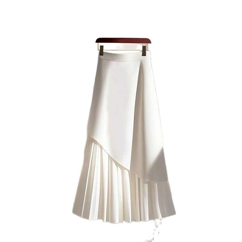 Gonna elegante a vita alta a trapezio per donna - Gonna midi bianca lusinghiera con design avvolgente sui fianchi, capo essenziale versatile in stile coreano_voghion.com