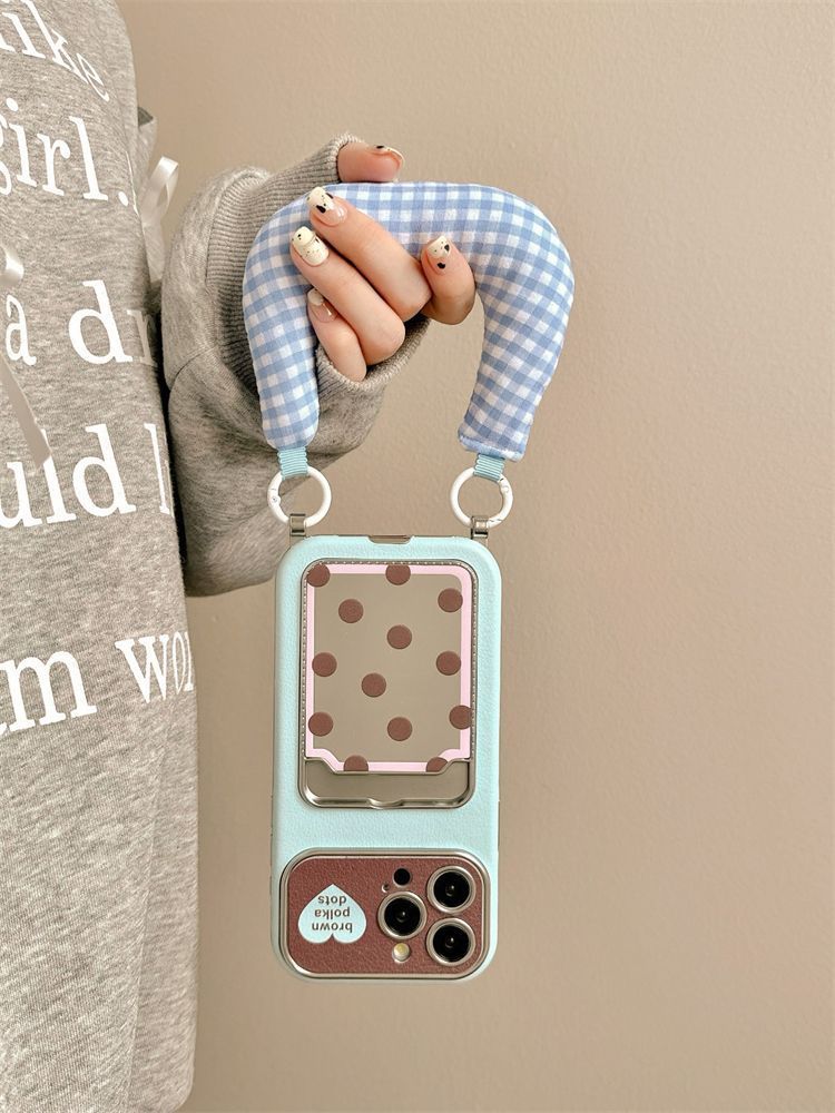 Korean-style Niche, Sweet Polka Dot Mirror Card Case For IPhone 17 Pro Max Phone Cover. 16th New Model 15th With Wristband And Hanging String._voghion.com