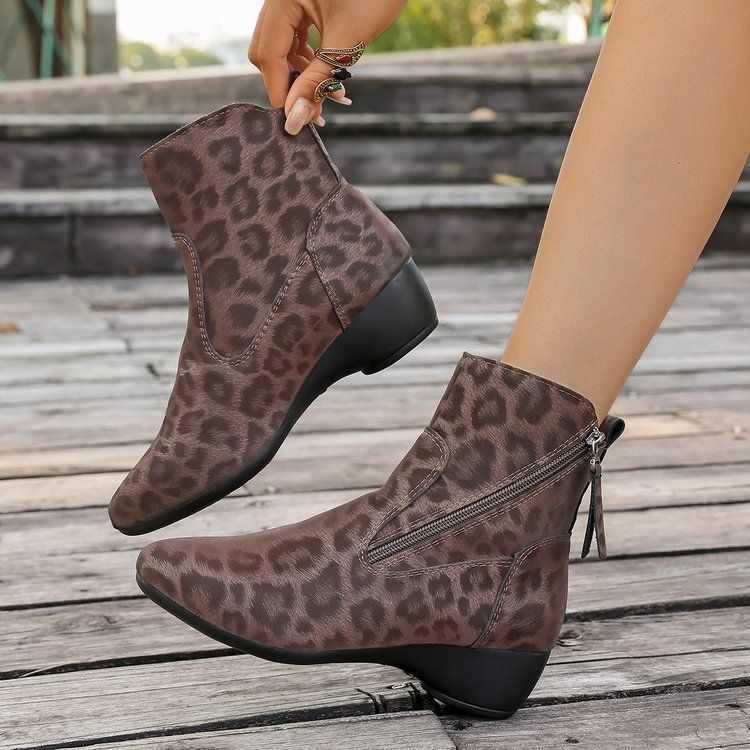 Women's Leopard Print Ankle Boots With Side Zipper Design And Thick-heeled Anti-slip Soles. Fashionable And Versatile Styles_voghion.com