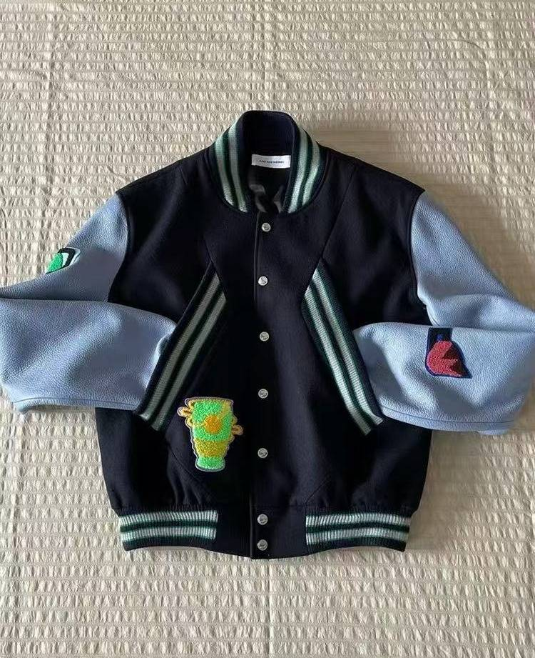 Baseballjacke mit gestickten Patches im Kiko-Stil – Vintage-Unisex-Oversize-Collegemantel von der High Street für Herbst/Winter_voghion.com