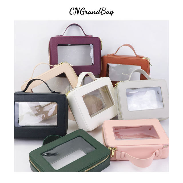 Set de geantă cosmetică personalizată din piele naturală, colorată, clasică, Saffiano, portabilă, pentru călătorii, geantă cosmetică transparentă din PVC, geantă de spălat TPU_voghion.com