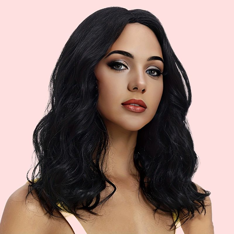 Perruque femme cheveux mi-longs avec frange et cheveux longs bouclés mécanisme coiffure en fibre chimique_voghion.com
