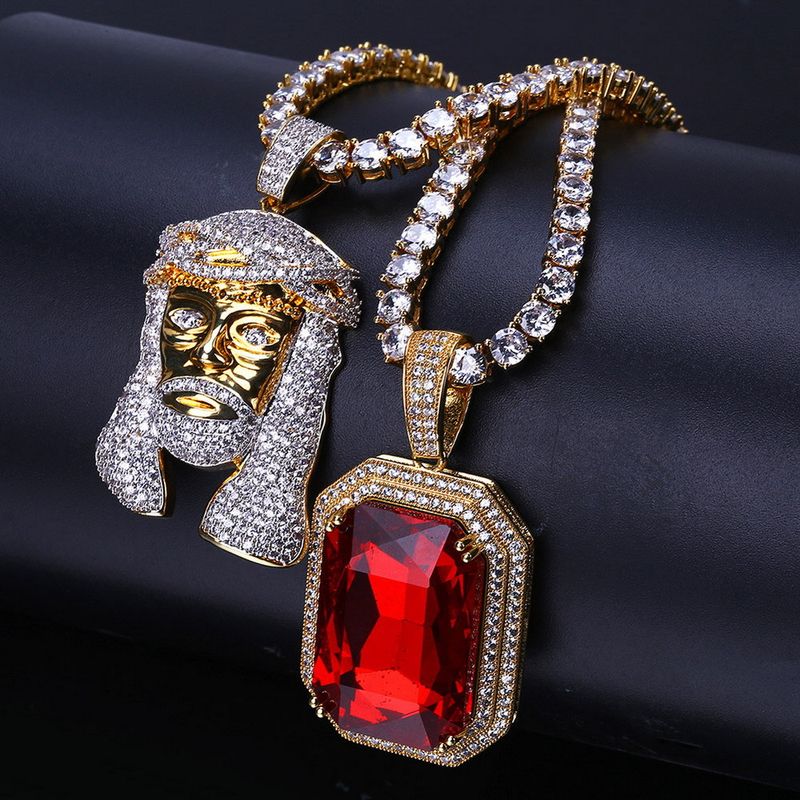 Necklaces New Micro Inlaid Pendant Chain Head Portrait And Ruby Hiphop Hip Hop Necklace Combination Set_voghion.com