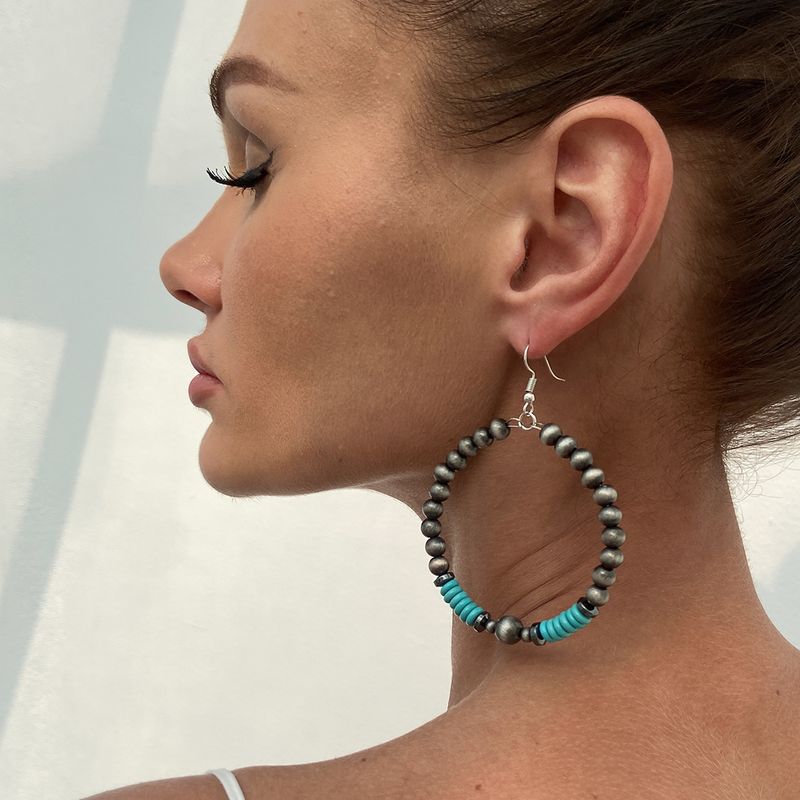 Orecchini da donna Orecchini in oro Accessori Bohémien Turchese Grandi e piccoli Orecchini a cerchio con perline rotonde CCB placcati in stagno antico_voghion.com