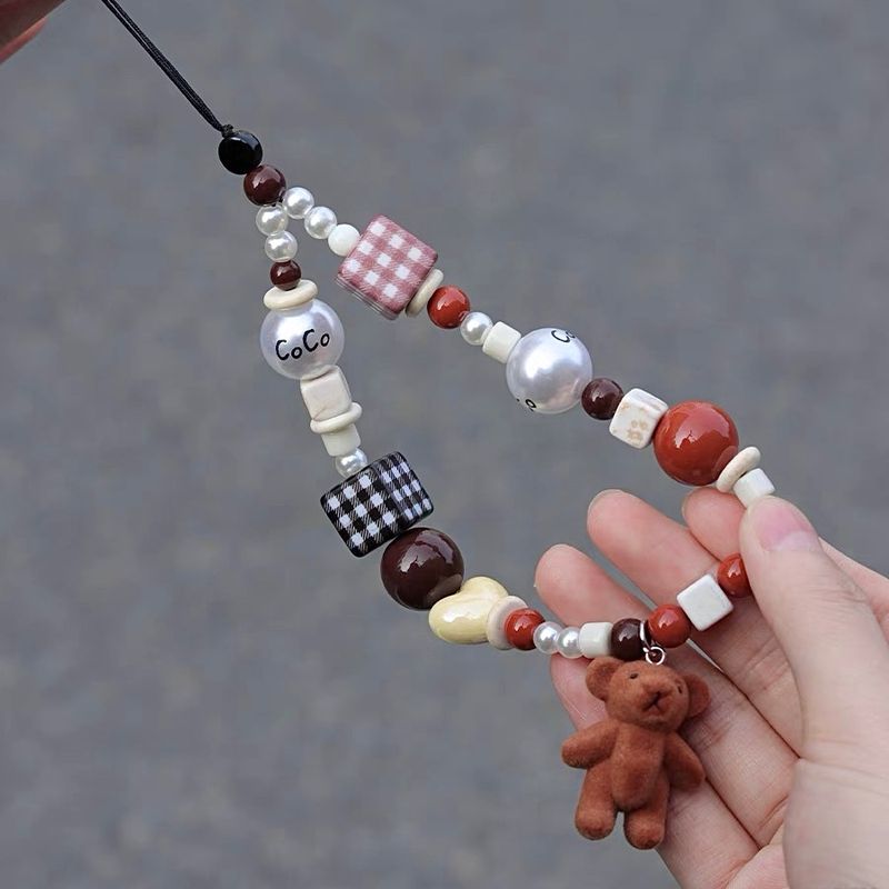Unschlagbare Qualität Original Beflockung Bär Braun Handy Shell Für IPhone Lanyard Ins Nische Stil Kette Perlen Tasche Ornamente frauen_voghion.com