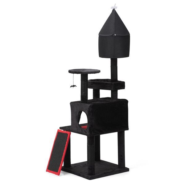 Gothic Cat Tree With Coffin Bed, 64in Black Cat Tower With Condo, Platform, Sisal Scratching Posts, Perch, Ramp, Toy, Cat Furniture, Cat House For I_voghion.com