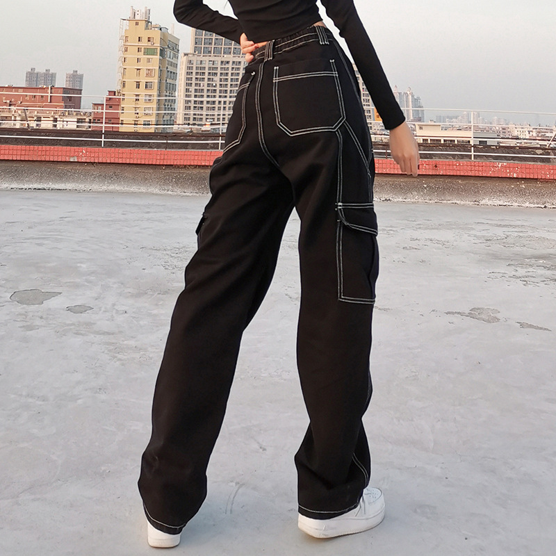 Salopette multitasche alla moda da donna, pantaloni dritti, jeans da donna larghi, slim, a vita alta, color kaki_voghion.com