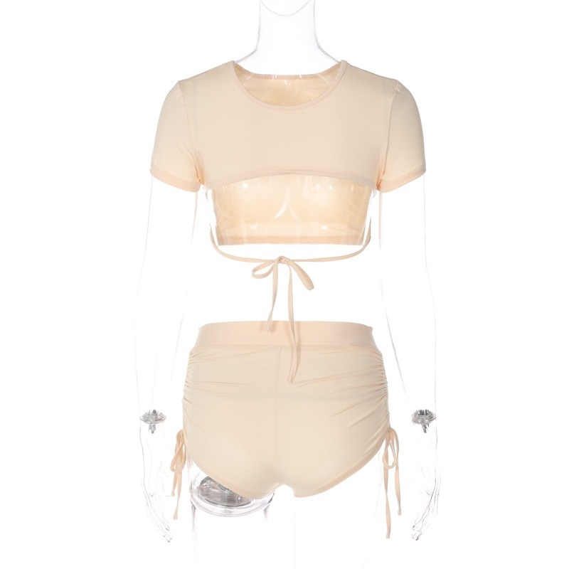 008 Short Sleeve Solid Color Drawstring Shorts Two Piece Sets Womens Summer Outifits_voghion.com