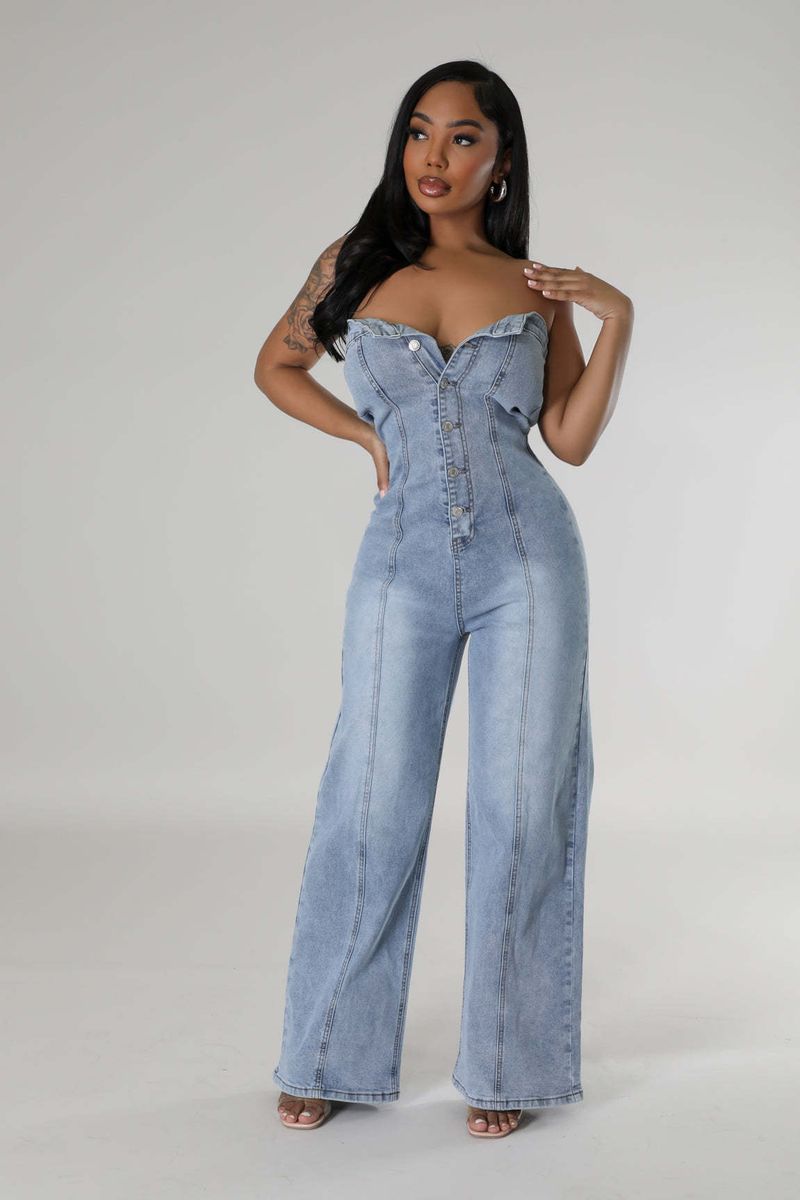Sieviešu apģērbi Fashion Tube Top Sieviešu Slim Fit džinsa kombinezons ar platām kājām_voghion.com