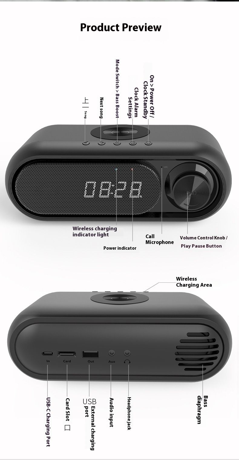 2025 New Wireless Charging Bluetooth Speaker With LED Clock & Alarm - 3-in-1 Multi-Function Audio Device For Bedside/Table_voghion.com