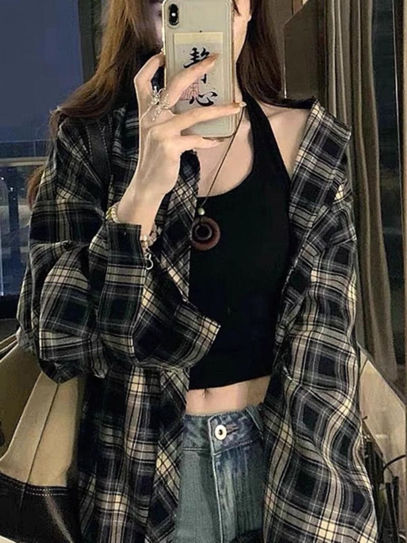 Camicia a quadri americana da donna, cappotto primaverile, cardigan, modello ampio, capospalla, top a maniche lunghe_voghion.com