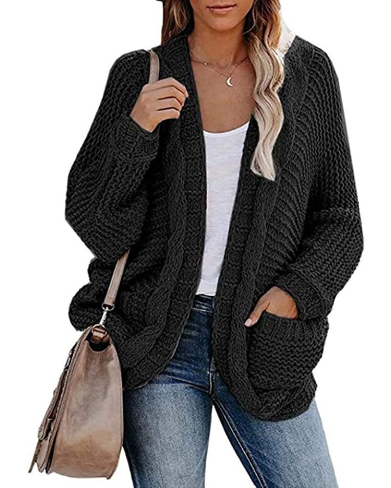 Grober Zopfmuster-Cardigan – Übergroßer Pullovermantel mit Fledermausärmeln für Damen, weiches Garn aus Acrylmischung, langer V-Ausschnitt, offene Vorderseite, lässiger Pullover_voghion.com