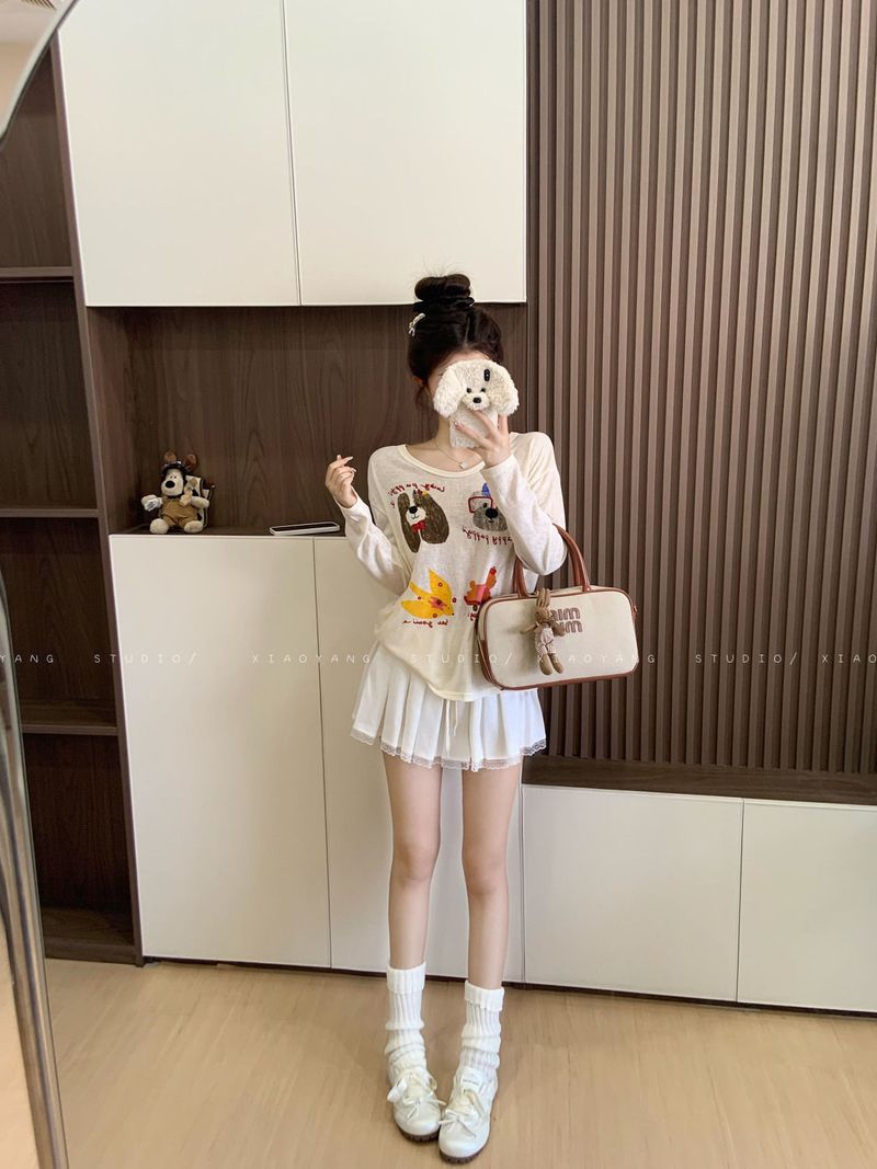 Apricot Cartoon Print Design, Long Sleeved T-shirt, Women's Early Autumn Lazy Style, Loose And Casual Interior, Round_voghion.com