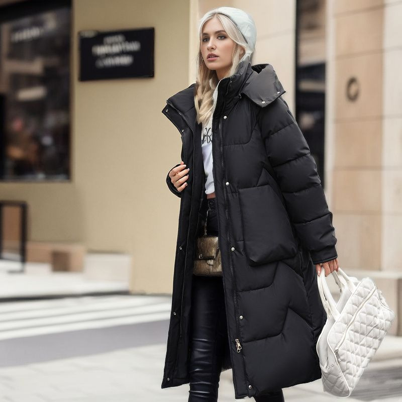 Damen Steppjacke mit abnehmbarer Kappe, mittellang, über dem Knie, verdickte warme Jacke_voghion.com