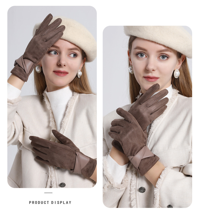 Guantes cálidos de lana de cuero Elegancia de las mujeres Pantalla táctil más guantes de lana arco Guantes de invierno para adelgazar en frío_voghion.com