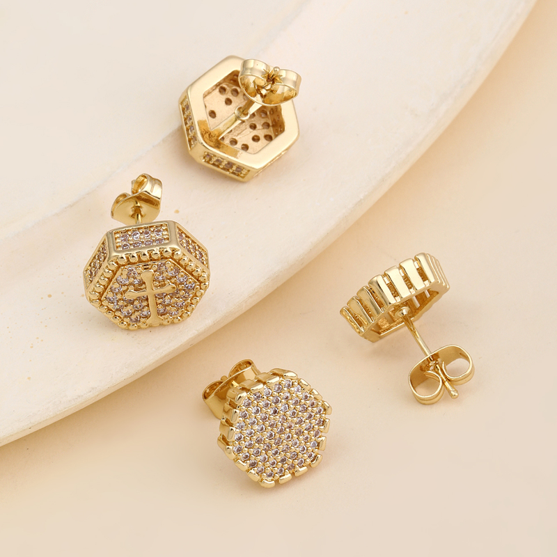 New niche personalized geometric cross hexagonal inlaid zircon high-end women's earrings minimalist temperament versatile ear accessories_voghion.com