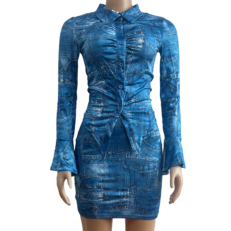 Tweedelig retro-denimpak voor dames, met geplooid, lichaamsvormend bovenstuk met lange mouwen en een modieuze en veelzijdige hippe rok_voghion.com