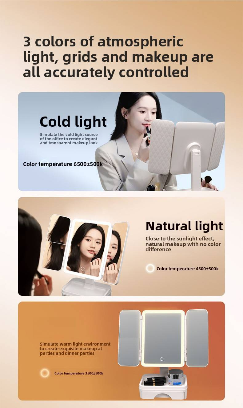 Espejo de tocador LED de 3 lados con control táctil y compartimento de almacenamiento - Iluminación regulable y ajustable 360° para maquillaje y cuidado de la piel (blanco)_voghion.com
