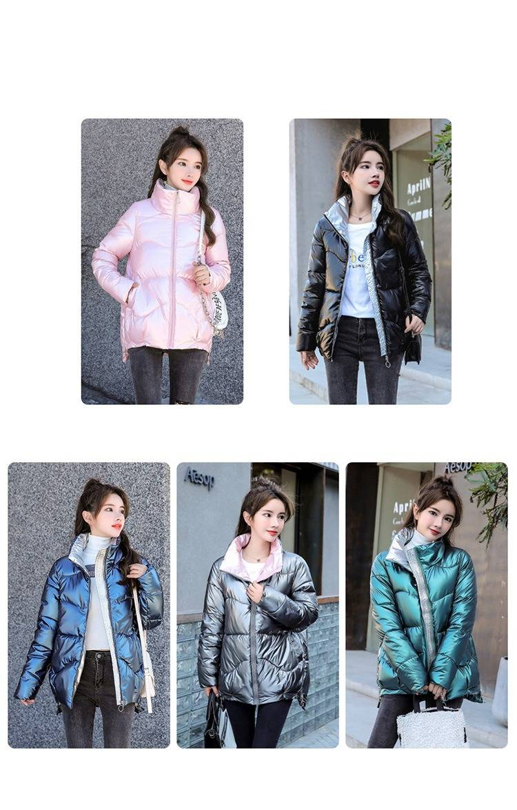 Piumino corto da donna con finitura lucida, cappotto trapuntato leggero, capospalla invernale con collo alto, vestibilità comoda e casual._voghion.com