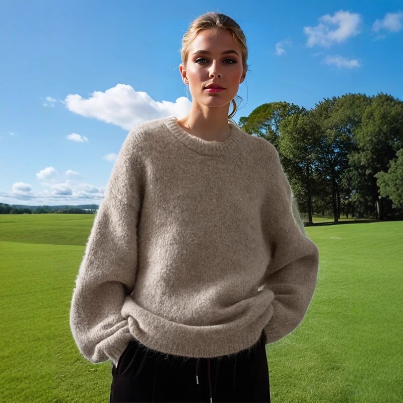 Suéter oversize de mujer, mezcla de mohair – Suéter de cuello redondo de punto grueso (acrílico-poliéster, tallas S-XXL) – Gris/Crema/Azul marino/Camel_voghion.com