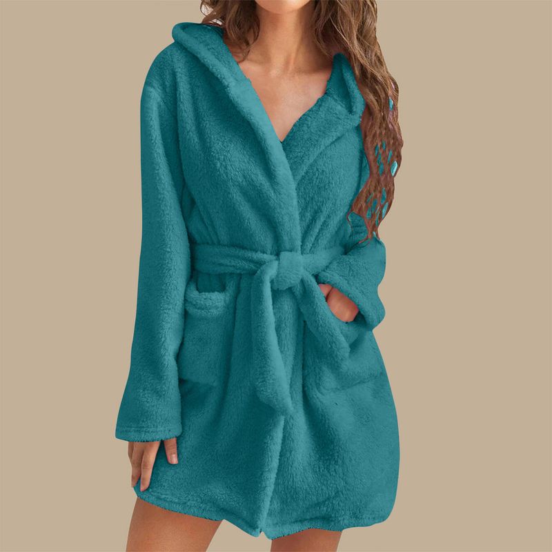 European And American Autumn/Winter Women's Warm Bathrobe With Hooded Homewear Plush Pyjamas Robe_voghion.com