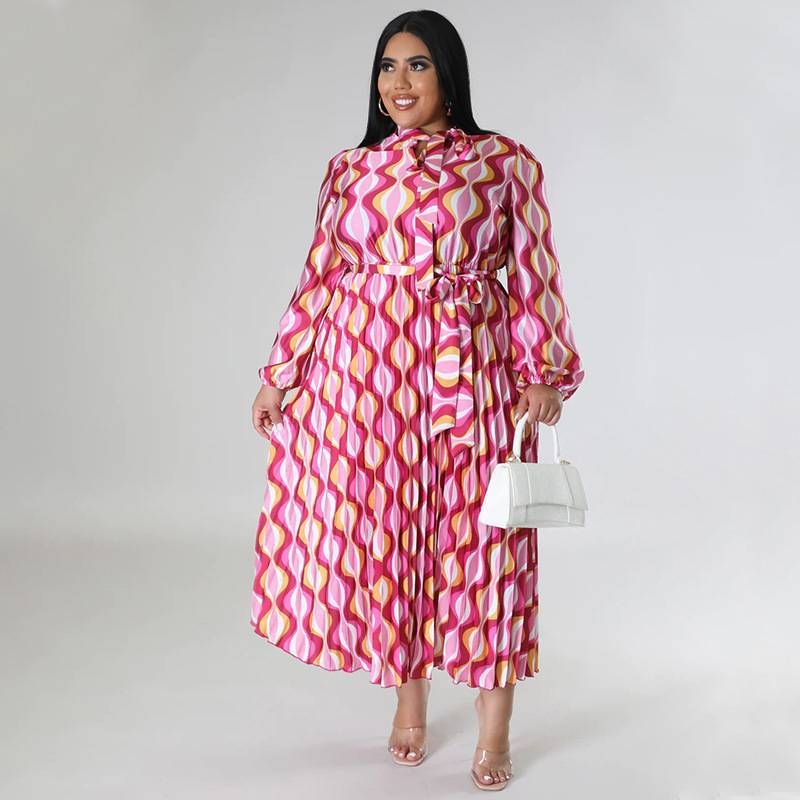 Women's Popular Color-laced Long-sleeved Printed Pleated Large Size Dress For Women_voghion.com