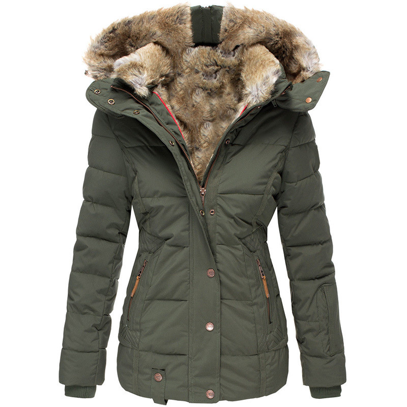 Cappotto invernale da donna con cappuccio foderato in pile e finiture in pelliccia sintetica, giacca a maniche lunghe con cerniera e vestibilità slim per il freddo, capospalla casual ed elegante_voghion.com