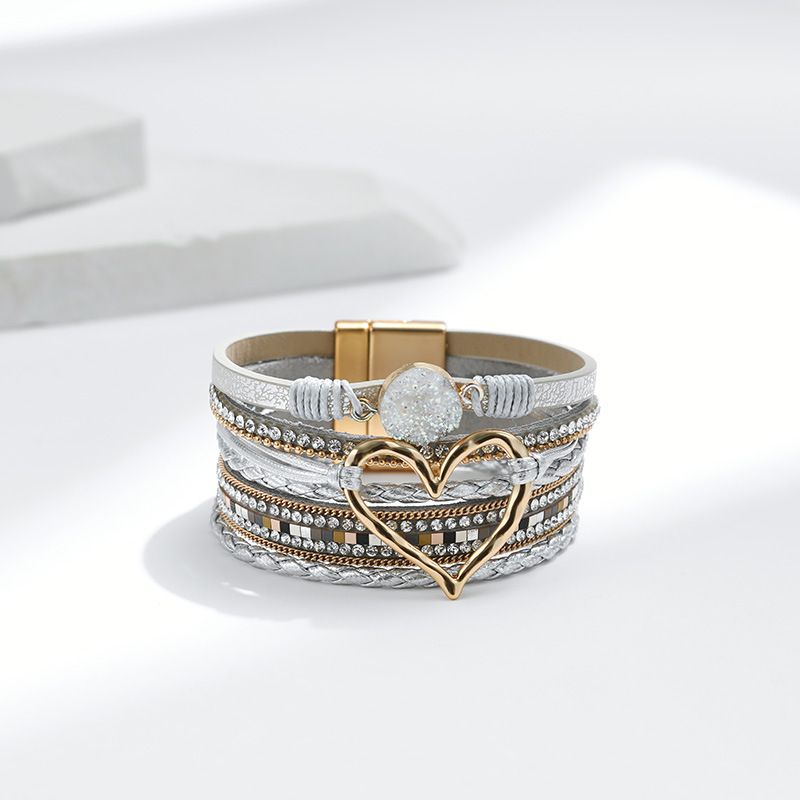 Set di bracciali a strati bohémien - Bracciale rigido regolabile a cuore aperto e catena con perline_voghion.com